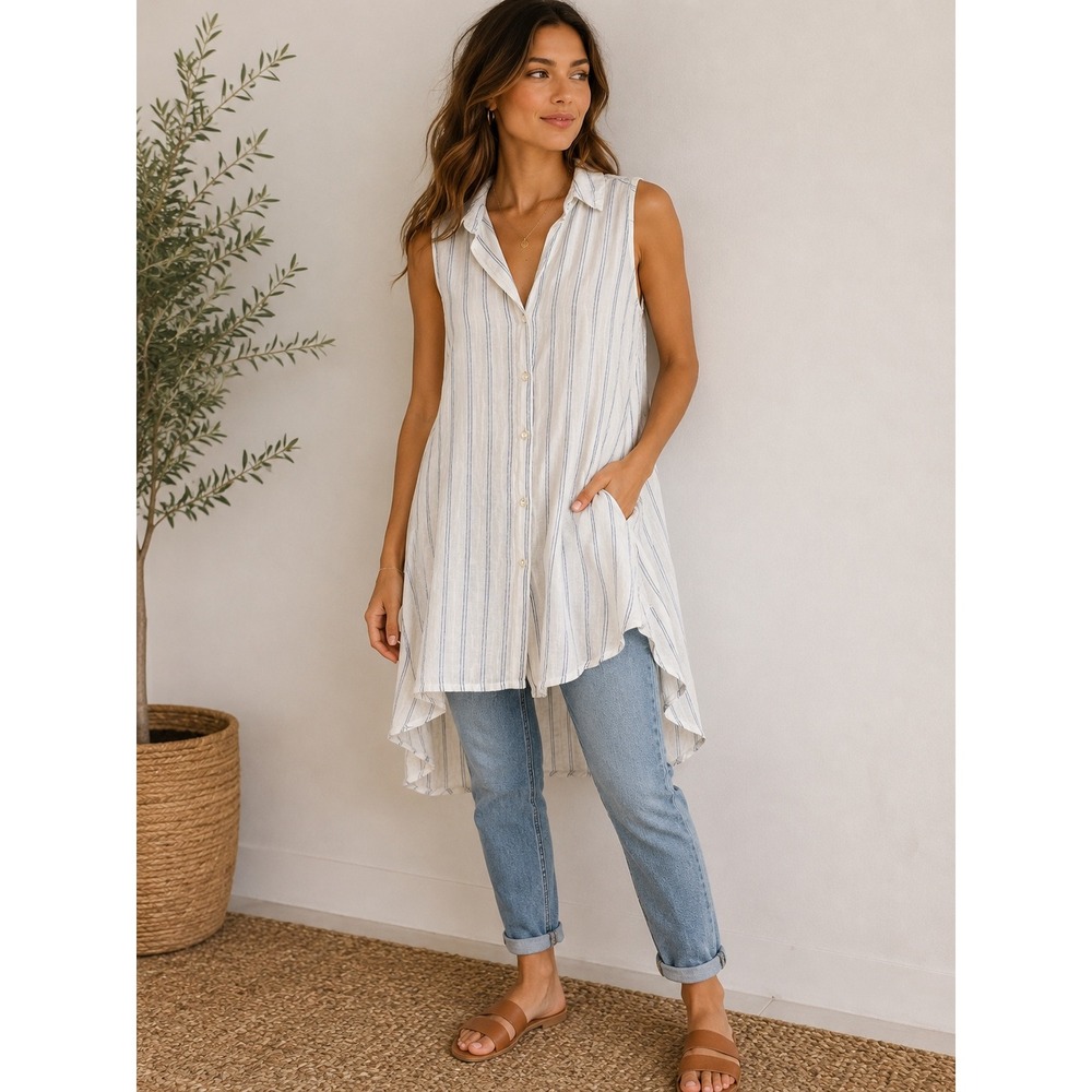 Rosemarie Made in Italy Linen Sleeveless Striped High Low Tunic Top White Blue